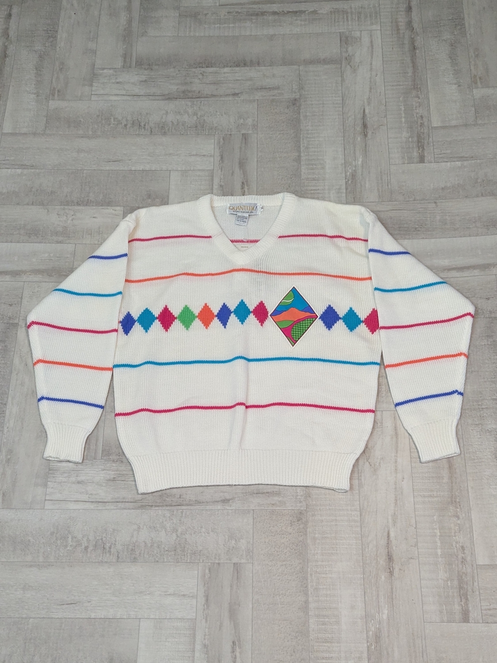 NWT Vintage Deadstock Quantum Sportswear Womens XL Striped V Neck Tennis Sweater